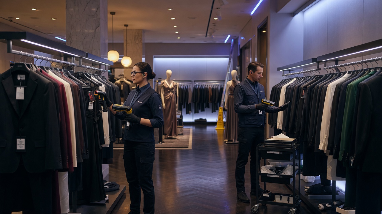 Cuadrilla profesional VeriStock realizando conteo de inventario en tienda de moda premium