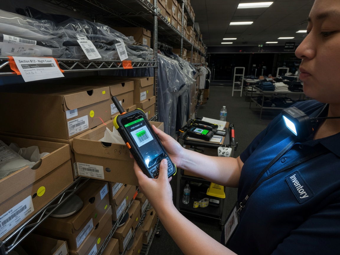 Operadora VeriStock escaneando unidades con terminal profesional en piso de venta